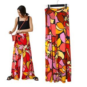 Farm Rio Anthropologie Bright Bold Abstract Floral Wide Leg Flowy Pants Size XS